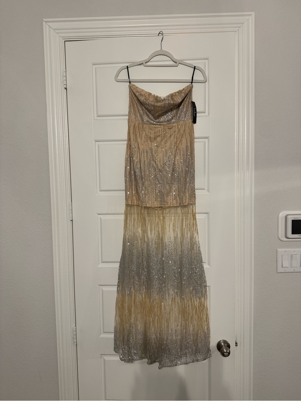 Lulu’s All That Shimmers Beige Glitter Mesh Strapless Maxi Dress